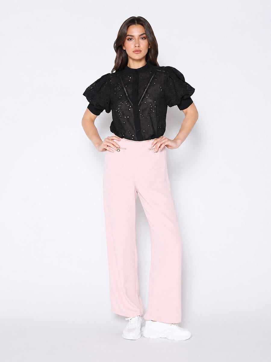 Round-Neck Puff Sleeve Eyelet Top - Glamourous Grace