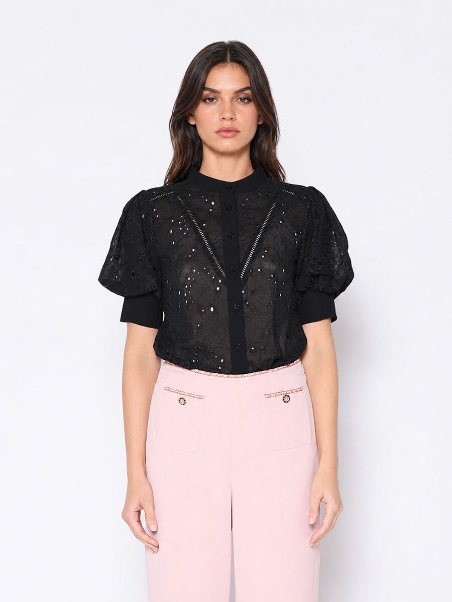Round-Neck Puff Sleeve Eyelet Top - Glamourous Grace