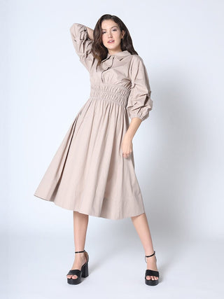 Ruched Puff Sleeve & Waist A Line Midi Dress