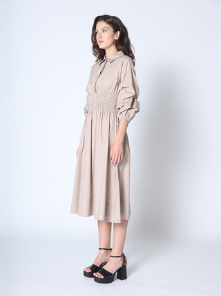 Ruched Puff Sleeve & Waist A Line Midi Dress