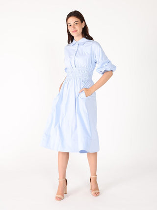 Ruched Puff Sleeve & Waist A Line Midi Dress