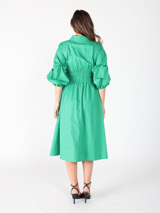 Ruched Puff Sleeve & Waist A Line Midi Dress