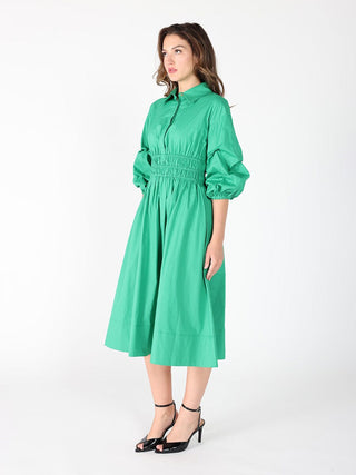 Ruched Puff Sleeve & Waist A Line Midi Dress