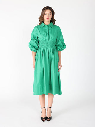 Ruched Puff Sleeve & Waist A Line Midi Dress