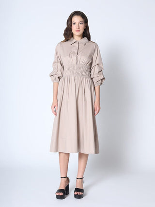 Ruched Puff Sleeve & Waist A Line Midi Dress