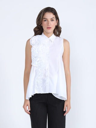 Ruffle Flower Applique Asymmetrical Hem Shirt