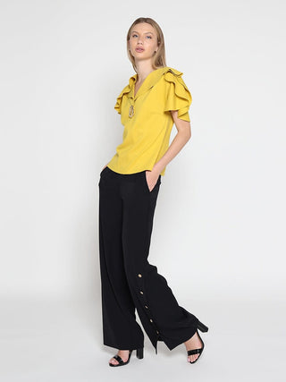 Ruffled neck & sleeve brooch detail solid top