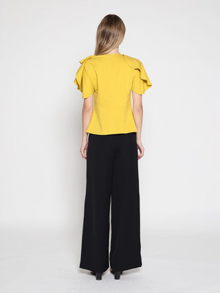 Ruffled neck & sleeve brooch detail solid top