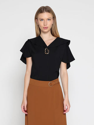 Ruffled neck & sleeve brooch detail solid top