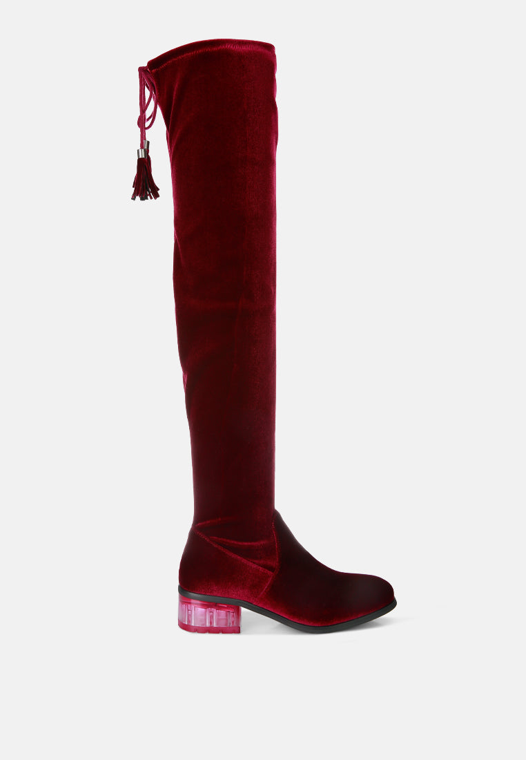 Rumple Velvet Over The Knee Clear Heel Boots - Glamourous Grace