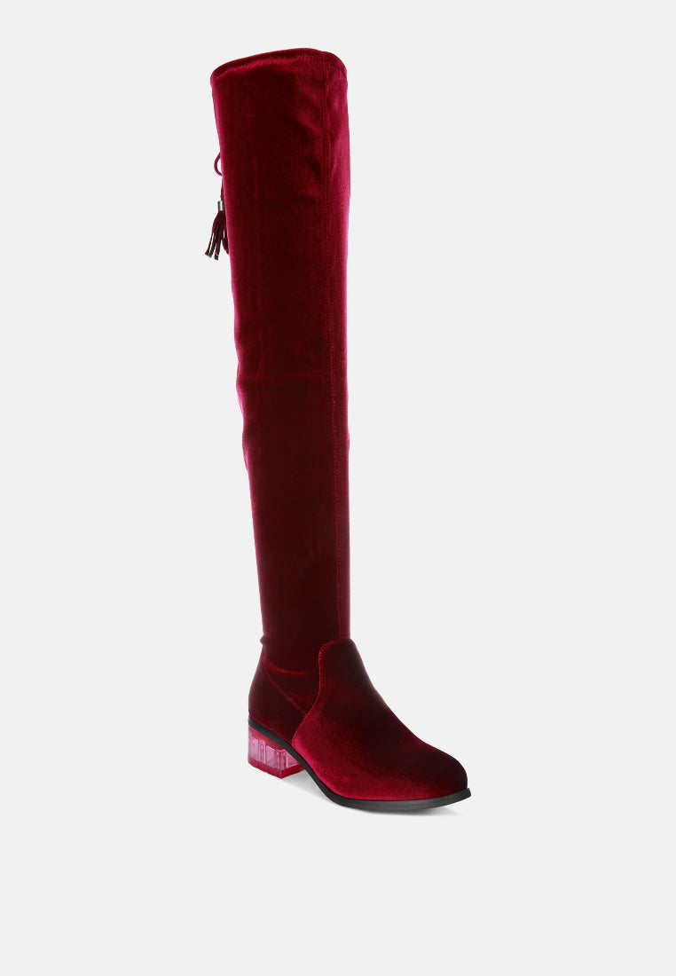 Rumple Velvet Over The Knee Clear Heel Boots - Glamourous Grace