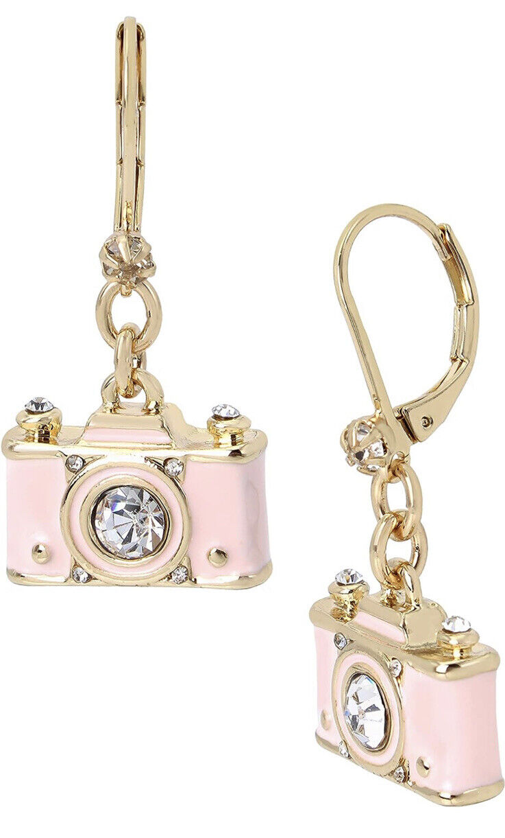 Betsey Johnson Pink Camera Crystal Gold Toned Dangle Earrings - Glamourous Grace