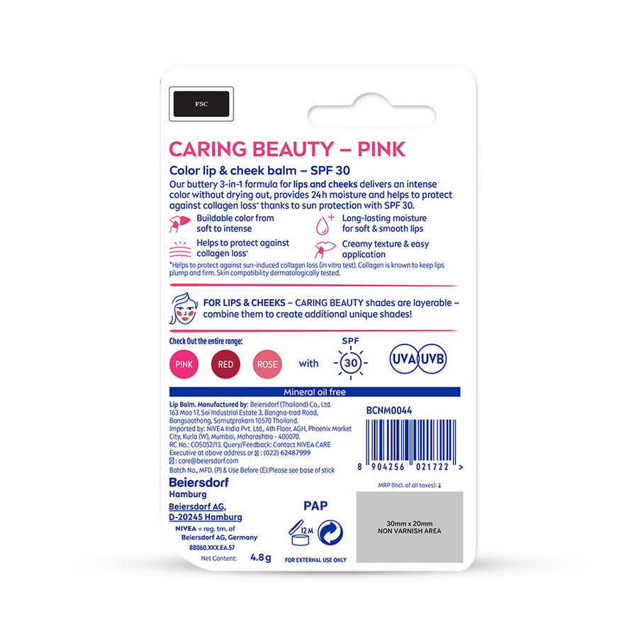 Nivea Lip Caring Beauty Red Lip Balm With SPF 30 - Pink