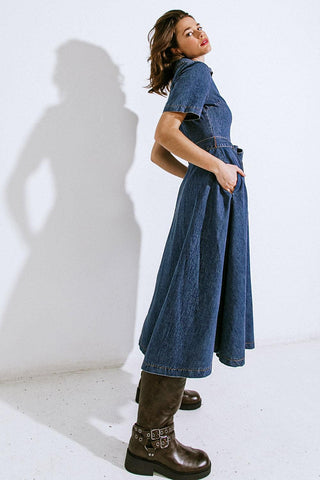 DAY IN THE LIFE DENIM MIDI DRESS - Glamourous Grace