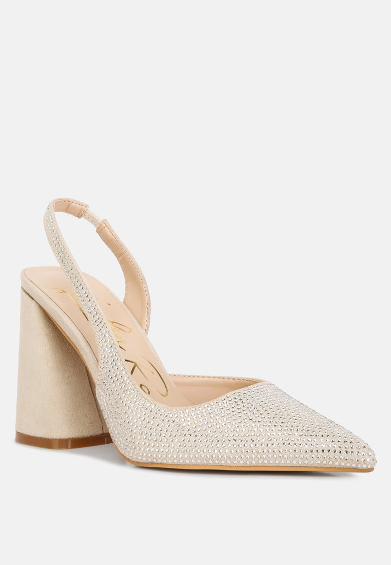 Saranna Rhinestone Embellished Suede Heel Sandals - Glamourous Grace