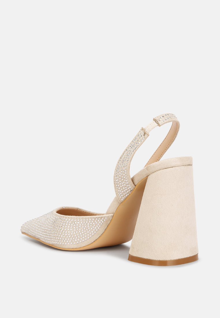 Saranna Rhinestone Embellished Suede Heel Sandals - Glamourous Grace