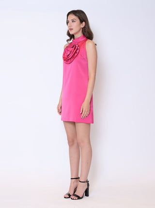 Satin Flower Applique Halter Mini Dress