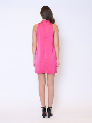 Satin Flower Applique Halter Mini Dress