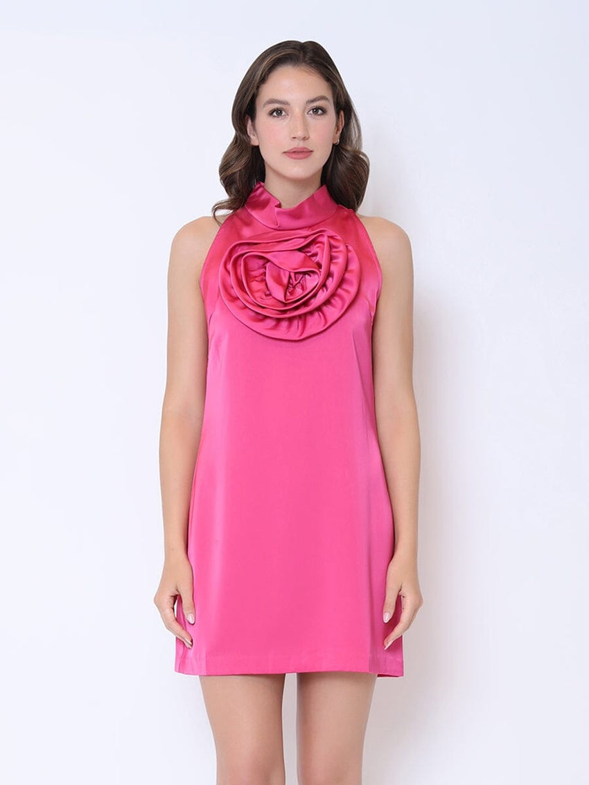 Satin Flower Applique Halter Mini Dress