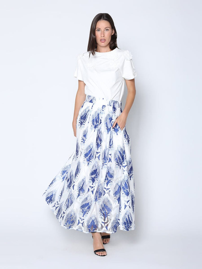 See-Through Plant Print Flare Skirt with Lining