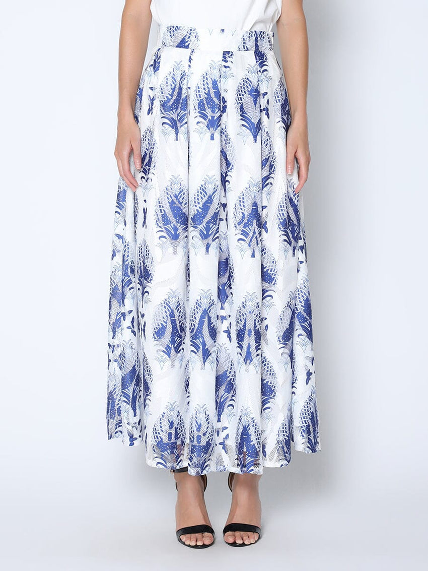 See-Through Plant Print Flare Skirt with Lining