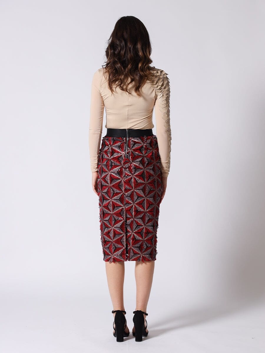Sequin Beaded Pinwheel Motifs Banding Midi Skirt - Glamourous Grace