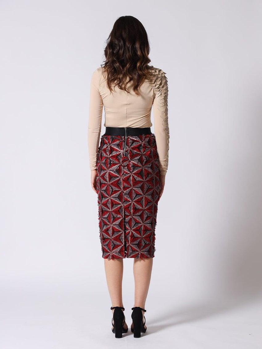 Sequin Beaded Pinwheel Motifs Banding Midi Skirt