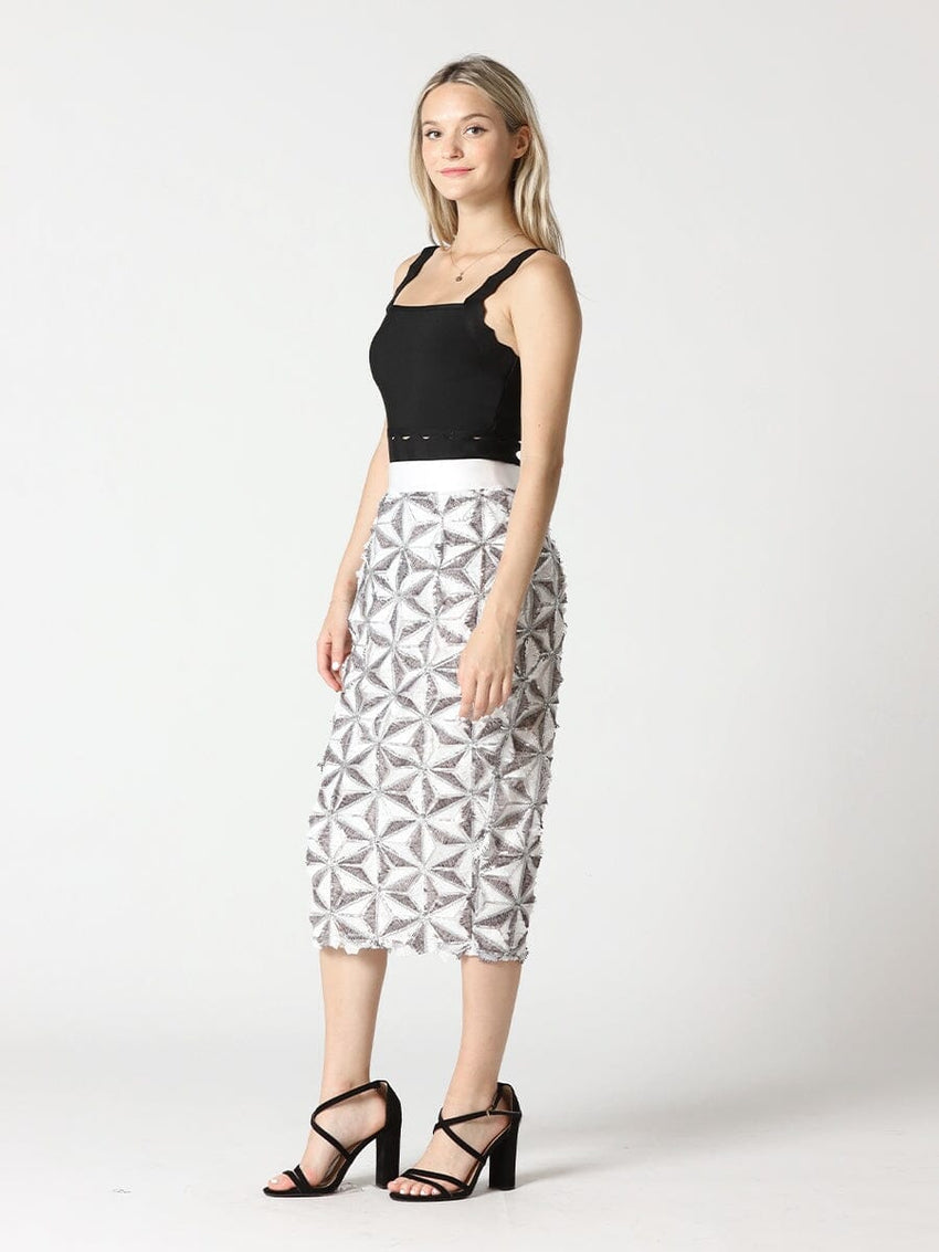 Sequin Beaded Pinwheel Motifs Banding Midi Skirt