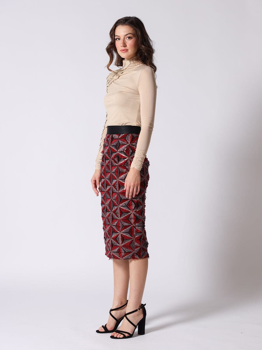 Sequin Beaded Pinwheel Motifs Banding Midi Skirt - Glamourous Grace
