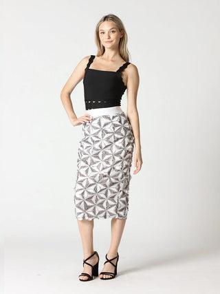 Sequin Beaded Pinwheel Motifs Banding Midi Skirt