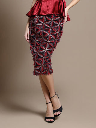Sequin Beaded Pinwheel Motifs Banding Midi Skirt