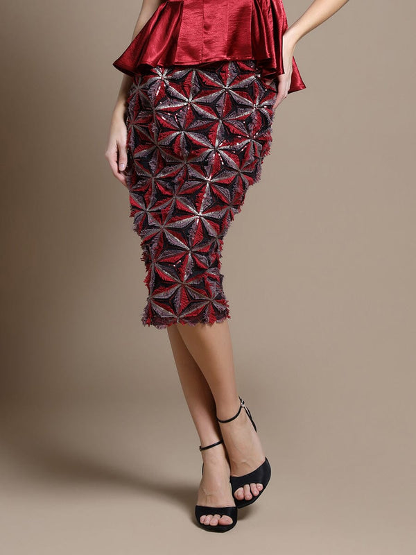 Sequin Beaded Pinwheel Motifs Banding Midi Skirt - Glamourous Grace