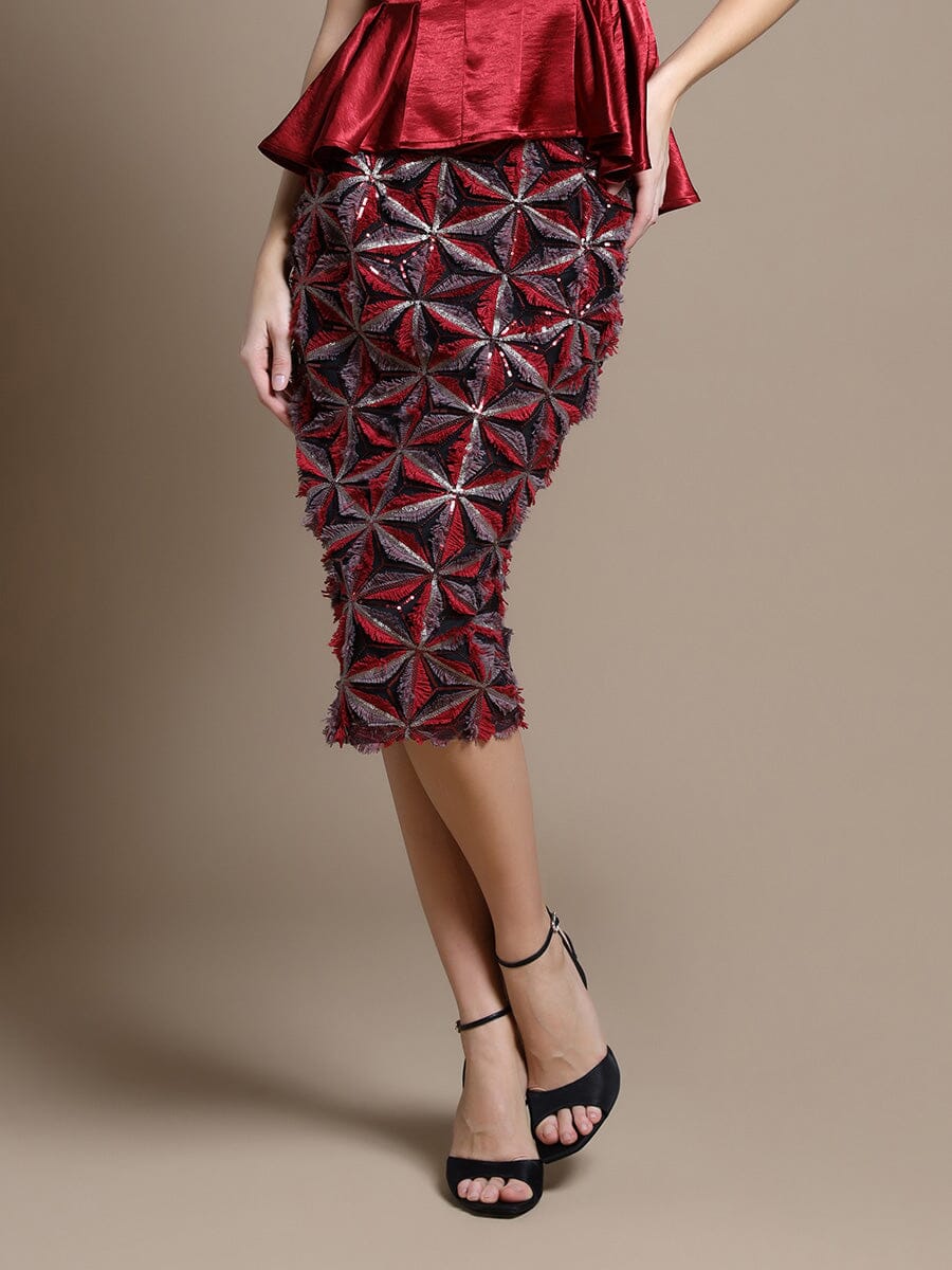 Sequin Beaded Pinwheel Motifs Banding Midi Skirt - Glamourous Grace