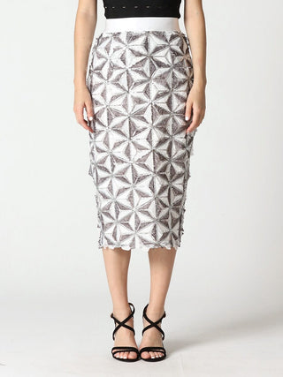Sequin Beaded Pinwheel Motifs Banding Midi Skirt
