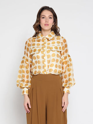 Sheer Polka Dot Pattern Top W/Front Patch Pockets