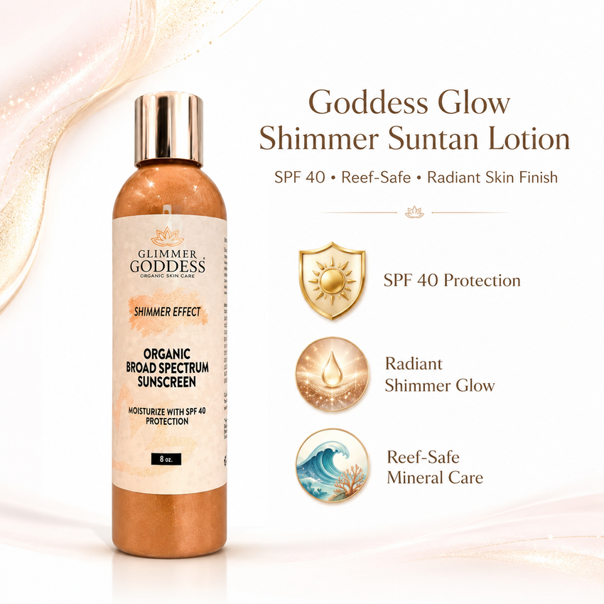 Goddess Glow Shimmer Suntan Lotion SPF 40 – Reef-Safe Radiance - Glamourous Grace
