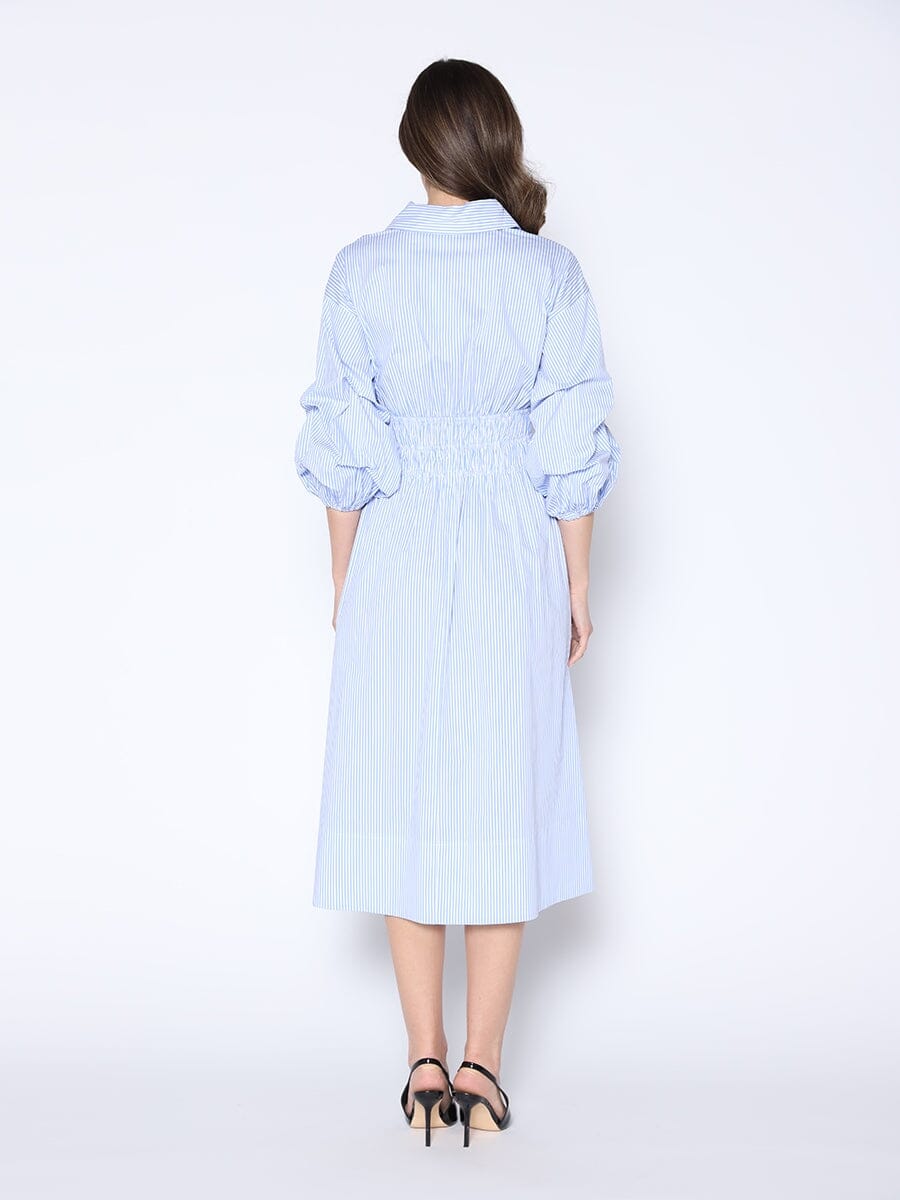 Shirred Waist Puff Sleeve Stripe Cotton Dress - Glamourous Grace