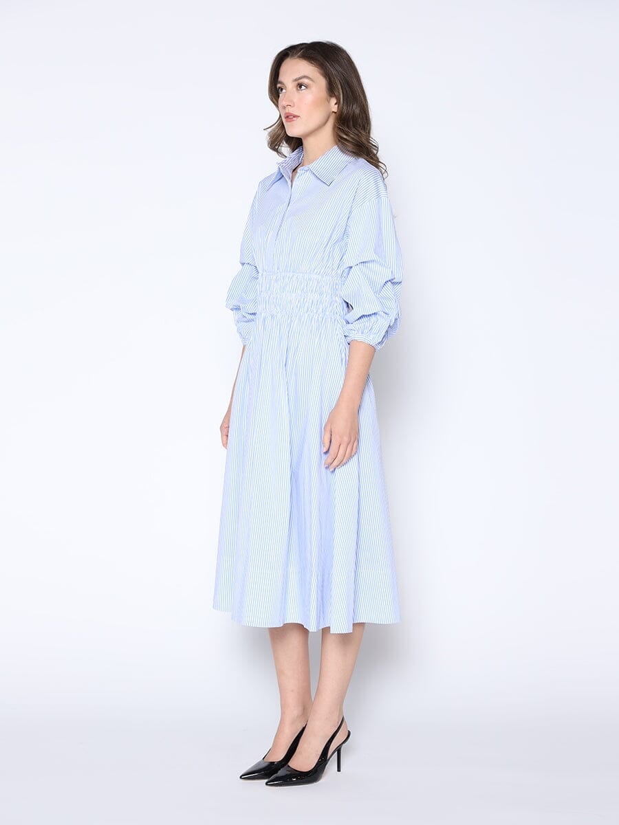 Shirred Waist Puff Sleeve Stripe Cotton Dress - Glamourous Grace
