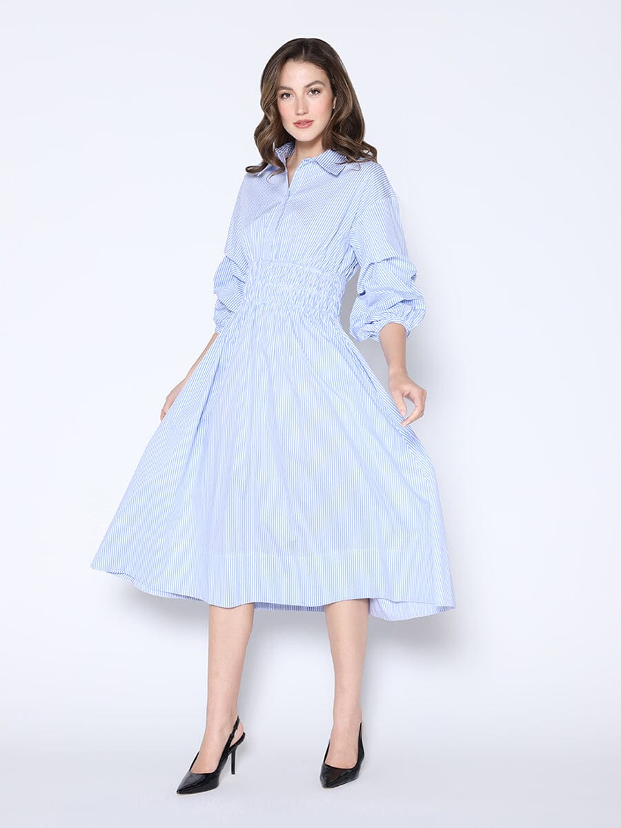 Shirred Waist Puff Sleeve Stripe Cotton Dress - Glamourous Grace