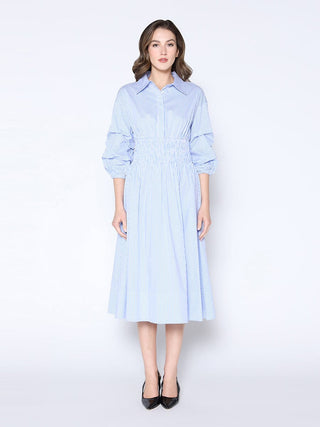 Shirred Waist Puff Sleeve Stripe Cotton Dress