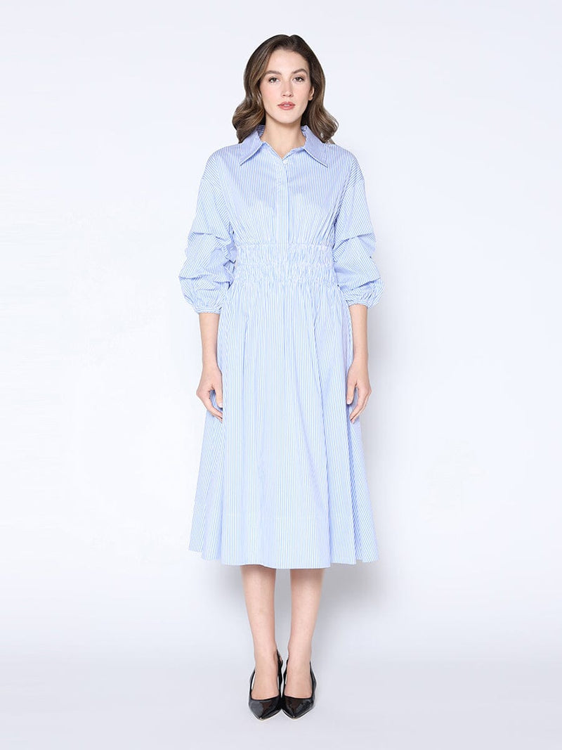 Shirred Waist Puff Sleeve Stripe Cotton Dress - Glamourous Grace