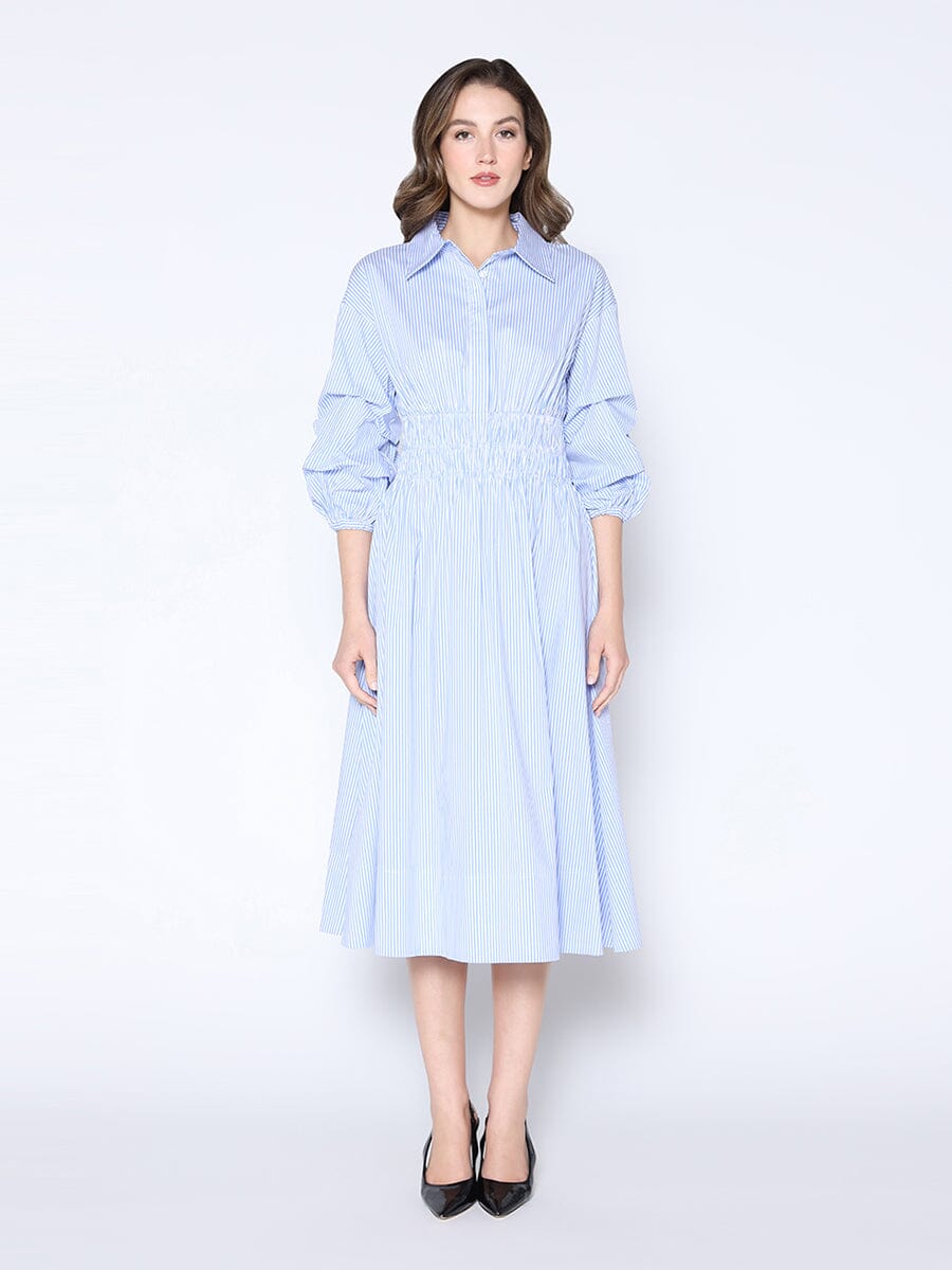 Shirred Waist Puff Sleeve Stripe Cotton Dress - Glamourous Grace