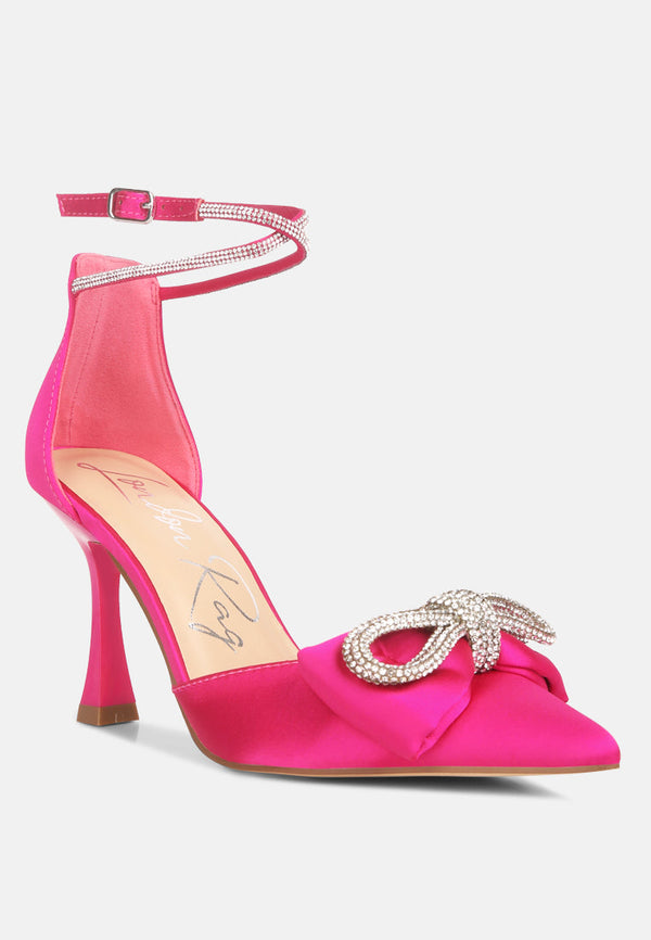 Shoeverse Satin Stiletto Heels With Embellished Bow - Glamourous Grace