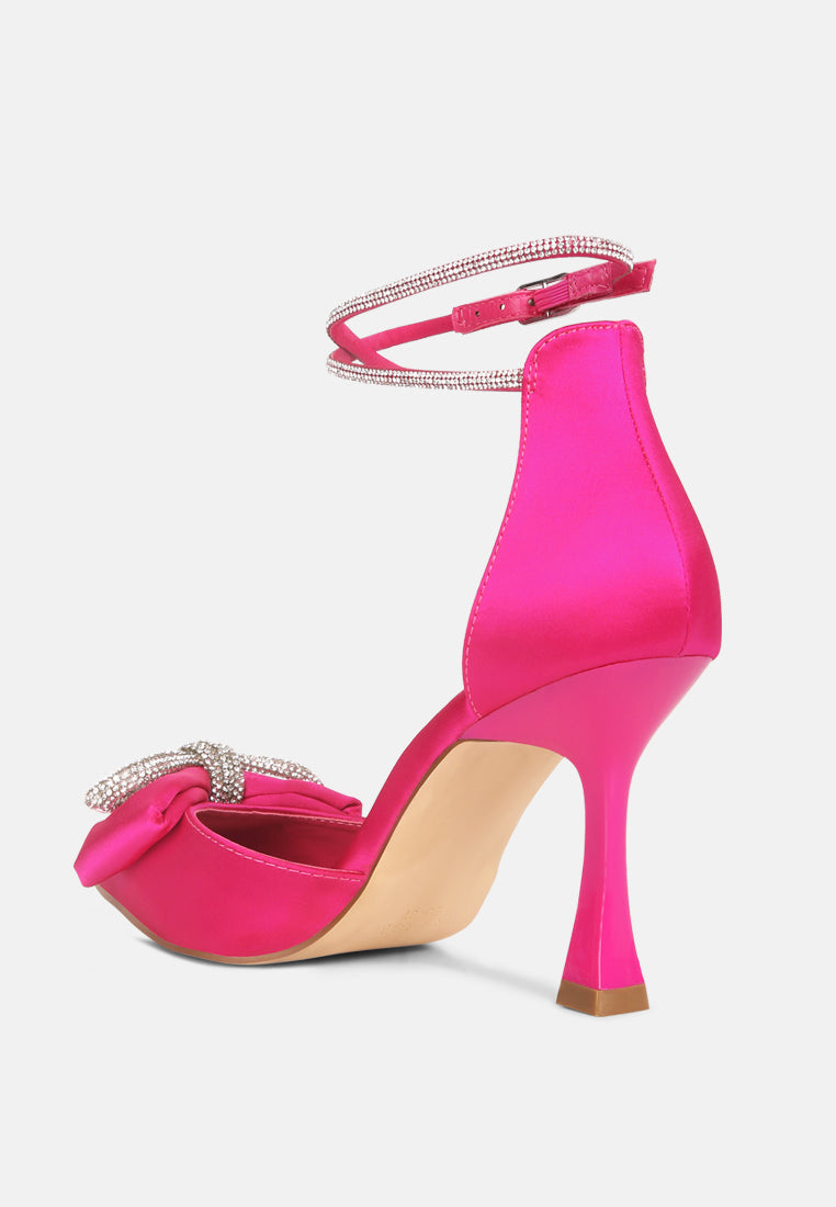 Shoeverse Satin Stiletto Heels With Embellished Bow - Glamourous Grace