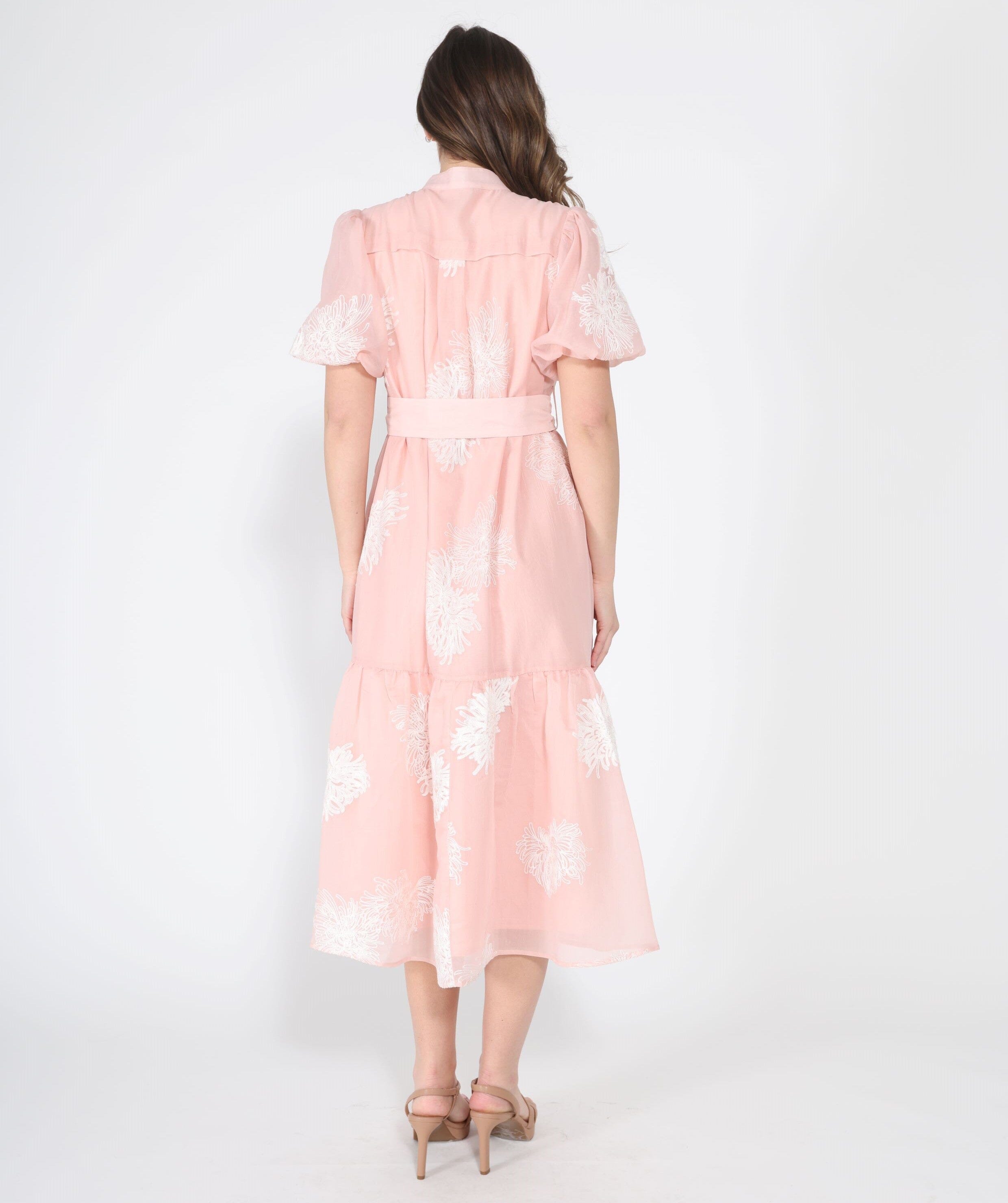 Short Puff Sleeve Embroidery Detail Midi Dress
