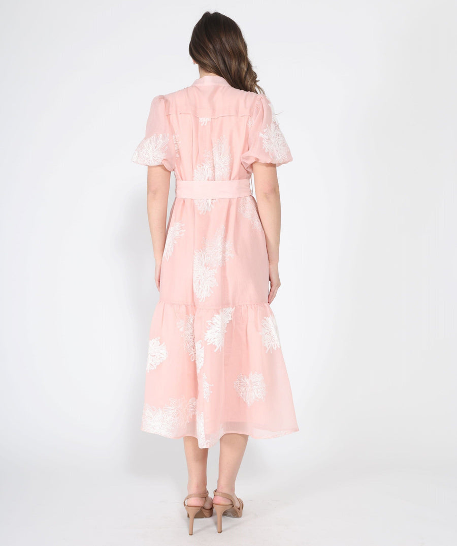 Short Puff Sleeve Embroidery Detail Midi Dress - Glamourous Grace