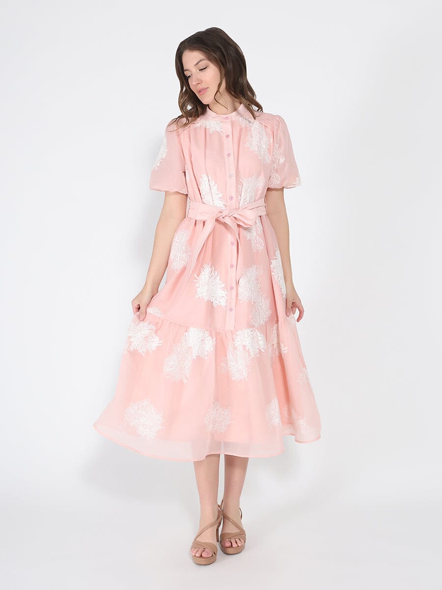 Short Puff Sleeve Embroidery Detail Midi Dress - Glamourous Grace