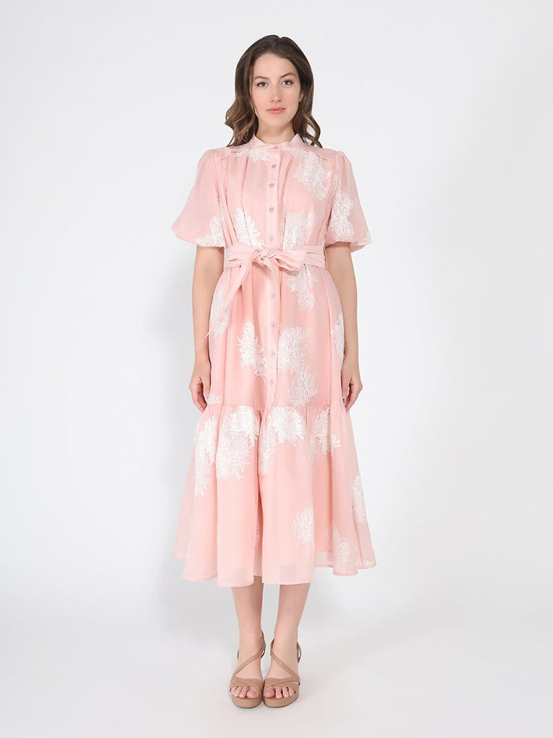Short Puff Sleeve Embroidery Detail Midi Dress - Glamourous Grace