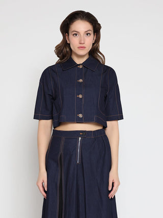Short Sleeve Button Down Collared Crop Jacket