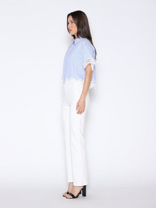 Short Sleeve Lace Trim Stripe Button Down Shirt